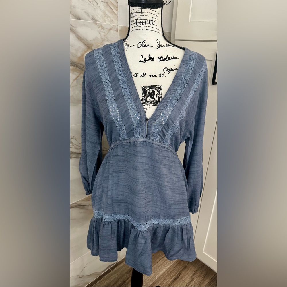 Free People Blue Lace Women's Mini Short Dress ruffled bottom